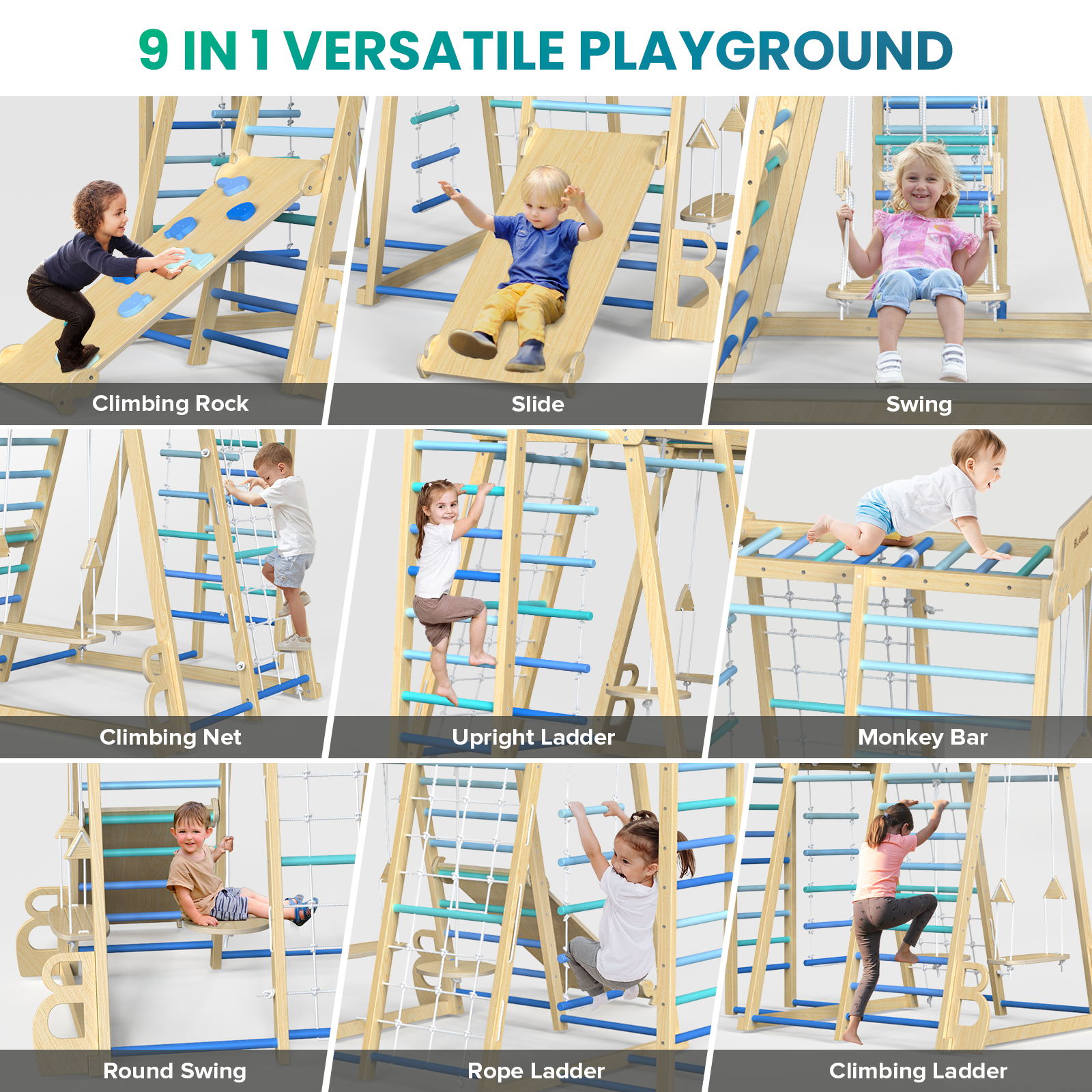 Safari Land - Juegos de columpios para gimnasios de jungla de interior BlueWood®*Azul degradado
